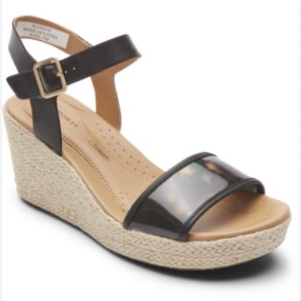 NWT Rockport Women's Black and Tan Wedge Sandals 7.5